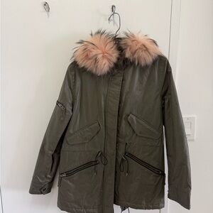 SAM. Olive Utility Jacket with Pink Fur Trim